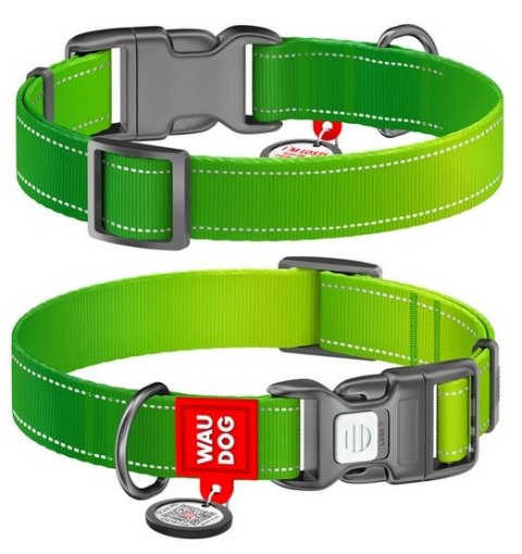 Collar WauDog Nylon Mono Obroża nylonowa odblaskowa z QR-paszportem, plastikowy fastex, M 20mm/28-40cm jasnozielona