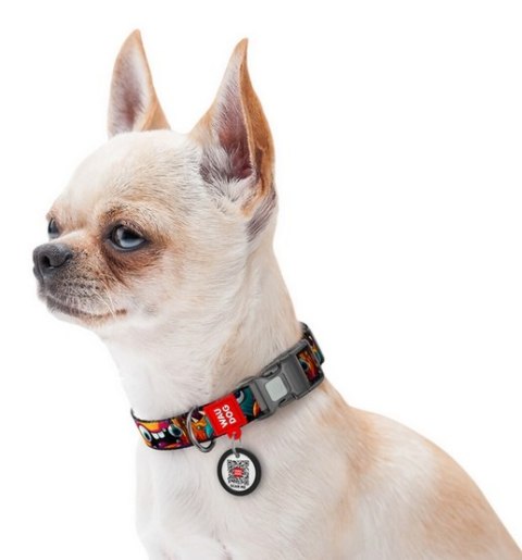 Collar WauDog Nylon Obroża nylonowa z QR-paszportem, plastikowy fastex, wzór ZĘBATE POTWORY, M 20mm/28-40cm